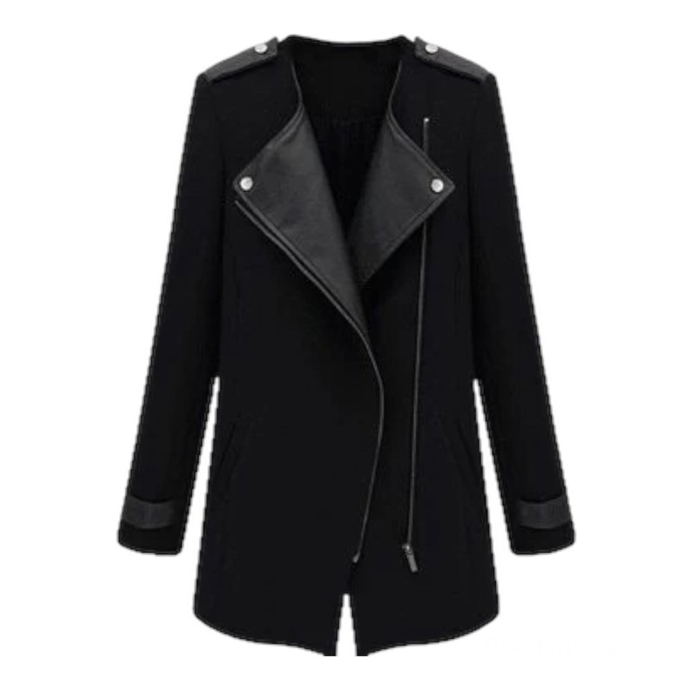SHEIN Black Contrast PU Leather Trims Oblique Zipper Coat Size Small Moto